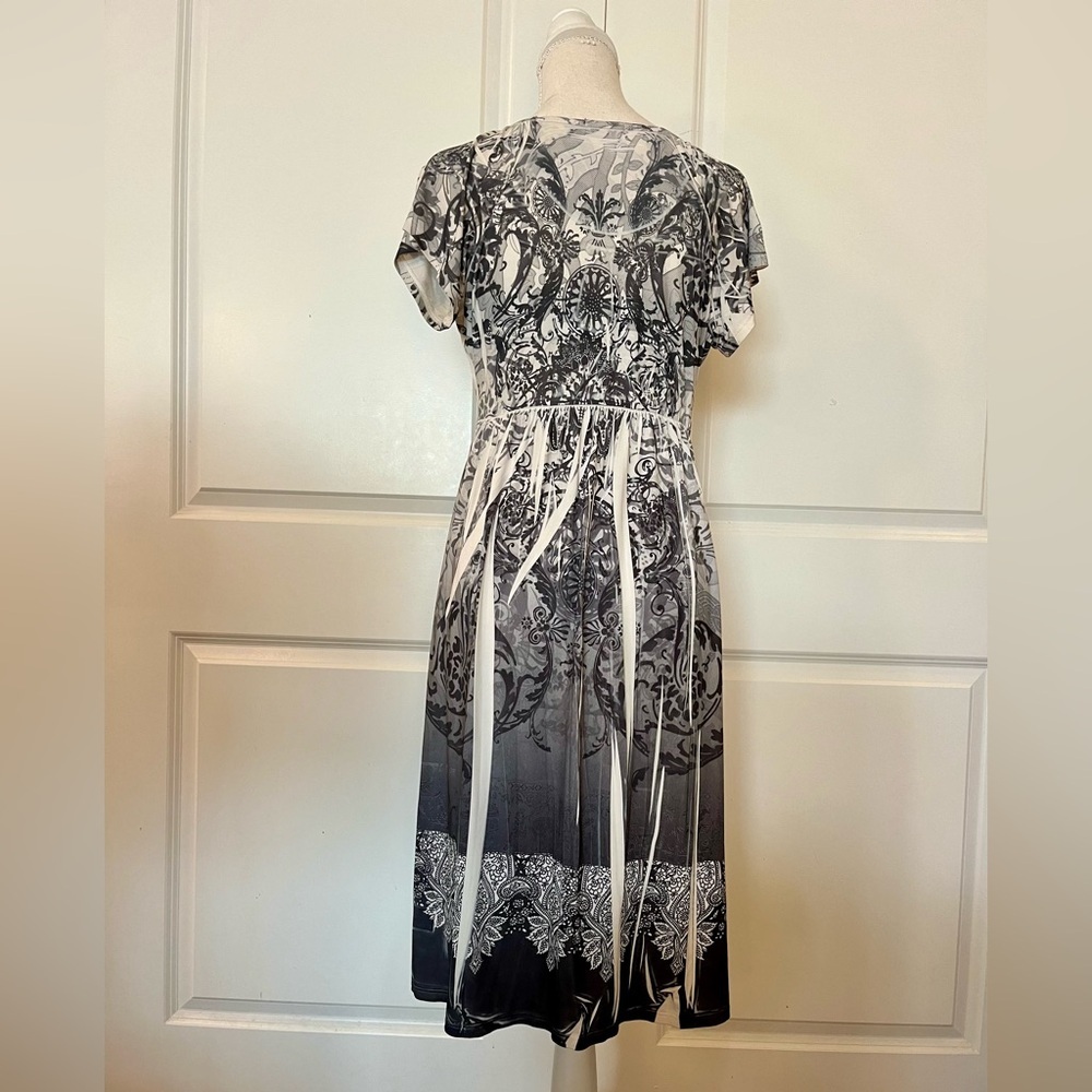 Vtg Y2K Boho Apt.9 Midi Stretch Dress Gray White Pattern Dye Print Scoop Neck MD - Picture 7 of 15